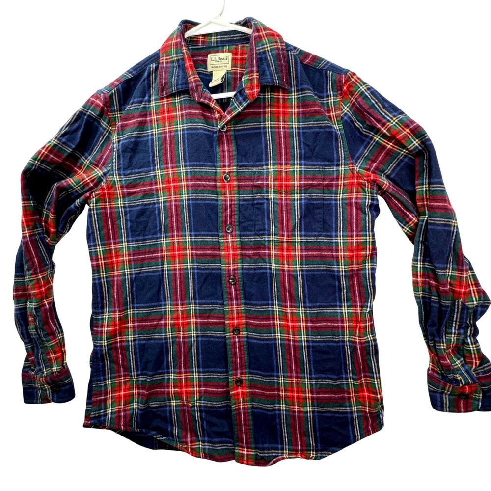 LL Bean Flannel Shirt Mens Medium Blue Plaid Slightly Fitted Classic Cotton